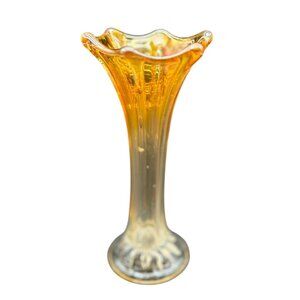 Vintage Amber Iridescent Dugan Carnival Glass Trumpet Vase With Ruffled Edge 7"H